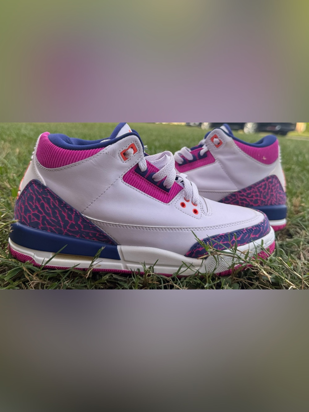 Jordan Men’s White Sneakers with Pink & Navy Elephant Print 7y=8.5 women’s